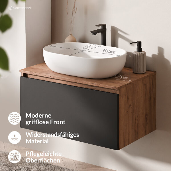 ARISA Badmöbel Set in Schwarz - Mit LED Spiegel und weißem Keramik-Aufsatzwaschbecken 60 cm