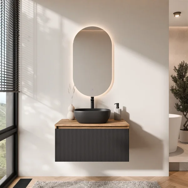ARISA Bathroom Furniture Set in Black Ribbed - With LED Mirror and Black Ceramic Countertop Sink (42 cm)