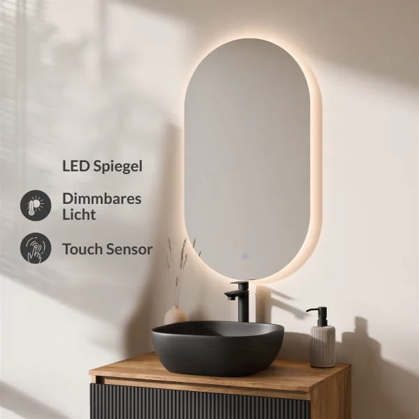 ARISA Bathroom Furniture Set in Black Ribbed - With LED Mirror and Black Ceramic Countertop Sink (42 cm)