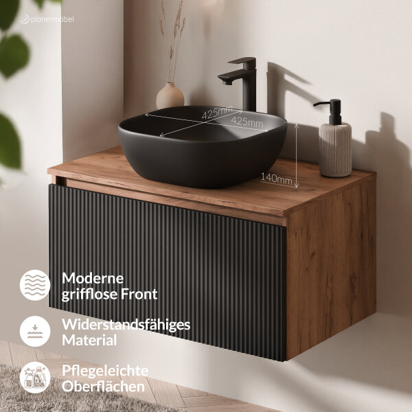 ARISA Badmöbel Set in Schwarz Geriffelt - Mit LED Spiegel und schwarzem Keramik-Aufsatzwaschbecken 42 cm