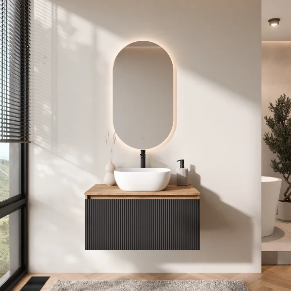 ARISA Bathroom Furniture Set in Black Ribbed - With LED Mirror and White Ceramic Countertop Sink (42 cm)