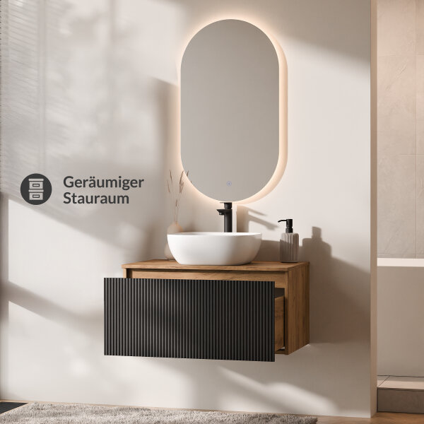 ARISA Badmöbel Set in Schwarz Geriffelt - Mit LED Spiegel und weißem Keramik-Aufsatzwaschbecken 42 cm