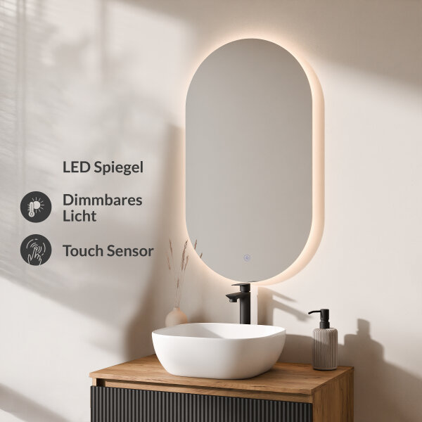 ARISA Badmöbel Set in Schwarz Geriffelt - Mit LED Spiegel und weißem Keramik-Aufsatzwaschbecken 42 cm