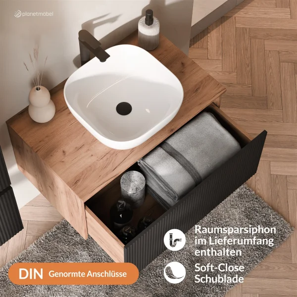 ARISA Bathroom Furniture Set in Black Ribbed - With LED Mirror and White Ceramic Countertop Sink (42 cm)