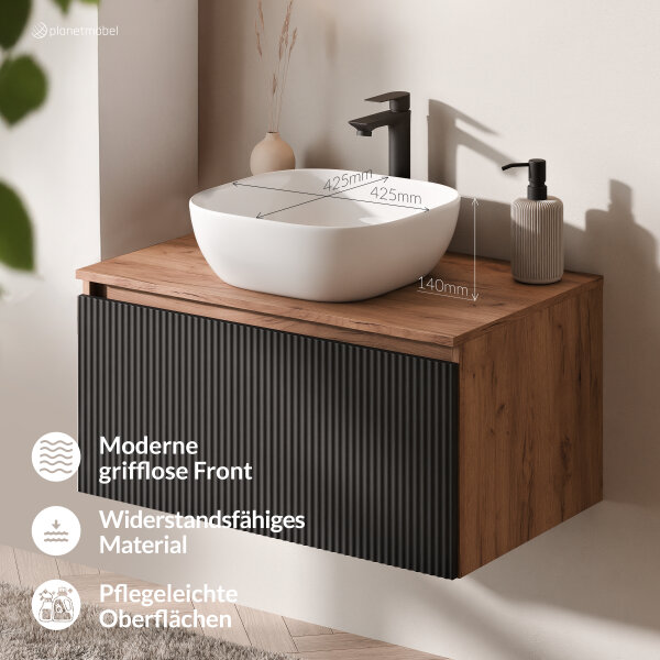 ARISA Badmöbel Set in Schwarz Geriffelt - Mit LED Spiegel und weißem Keramik-Aufsatzwaschbecken 42 cm