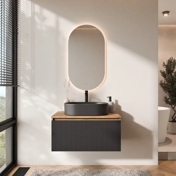 Ensemble de meubles de salle de bains ARISA noir strié - Avec miroir à LED et lavabo à poser en céramique noir de 55 cm