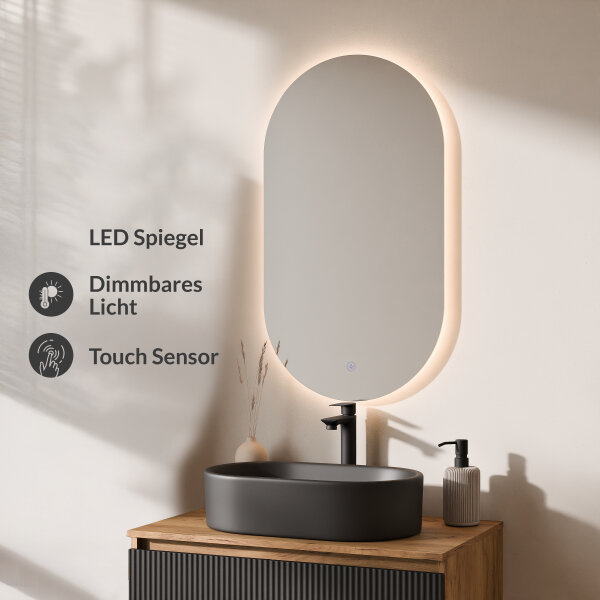 ARISA Badmöbel Set in Schwarz Geriffelt - Mit LED Spiegel und schwarzem Keramik-Aufsatzwaschbecken 55 cm