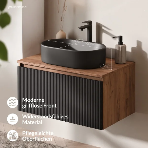 Ensemble de meubles de salle de bains ARISA noir strié - Avec miroir à LED et lavabo à poser en céramique noir de 55 cm