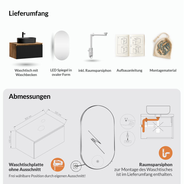 ARISA Badmöbel Set in Schwarz Geriffelt - Mit LED Spiegel und schwarzem Keramik-Aufsatzwaschbecken 55 cm