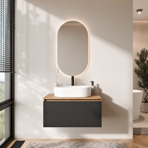 ARISA Badmöbel Set in Schwarz Geriffelt - Mit LED Spiegel und weißem Keramik-Aufsatzwaschbecken 55 cm