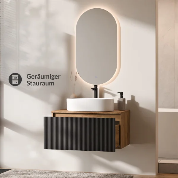 ARISA Bathroom Furniture Set in Black Ribbed - With LED Mirror and White Ceramic Countertop Sink (55 cm)