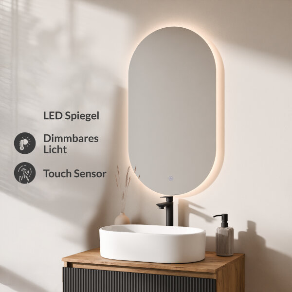 ARISA Badmöbel Set in Schwarz Geriffelt - Mit LED Spiegel und weißem Keramik-Aufsatzwaschbecken 55 cm