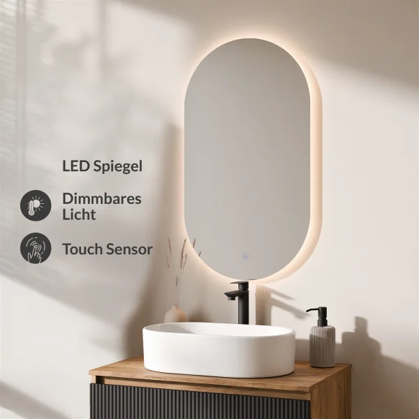 ARISA Bathroom Furniture Set in Black Ribbed - With LED Mirror and White Ceramic Countertop Sink (55 cm)