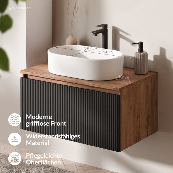 ARISA Badmöbel Set in Schwarz Geriffelt - Mit LED Spiegel und weißem Keramik-Aufsatzwaschbecken 55 cm