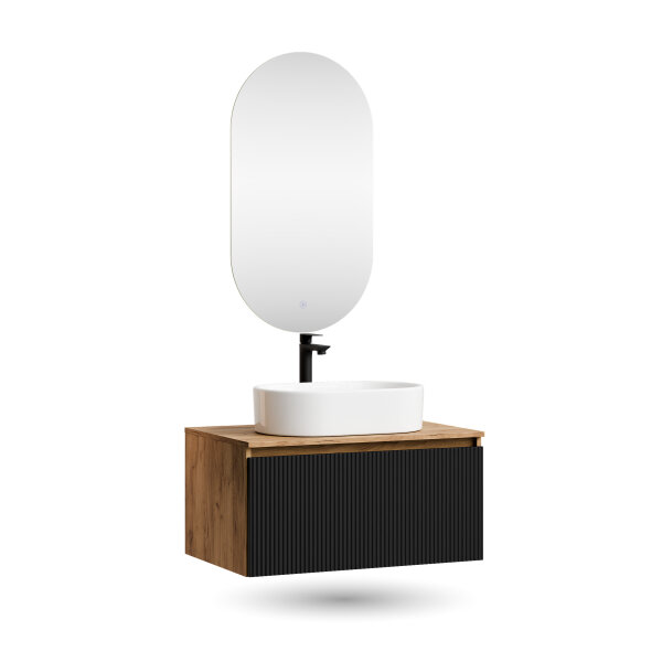 ARISA Badmöbel Set in Schwarz Geriffelt - Mit LED Spiegel und weißem Keramik-Aufsatzwaschbecken 55 cm