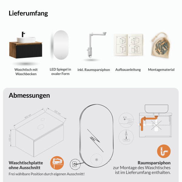 ARISA Badmöbel Set in Schwarz Geriffelt - Mit LED Spiegel und weißem Keramik-Aufsatzwaschbecken 55 cm