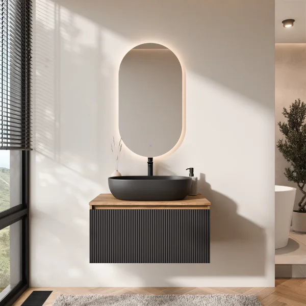Ensemble de meubles de salle de bains ARISA noir strié - Avec miroir à LED et vasque à poser en céramique noire de 60 cm