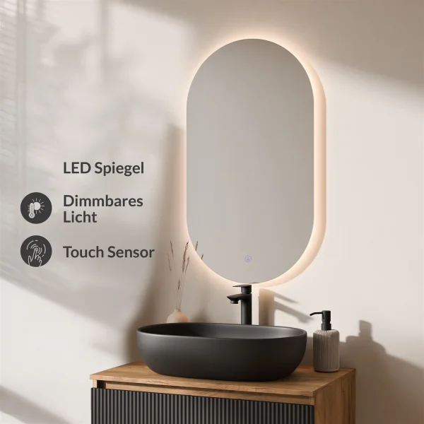 Ensemble de meubles de salle de bains ARISA noir strié - Avec miroir à LED et vasque à poser en céramique noire de 60 cm