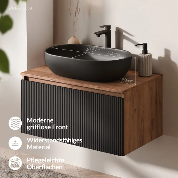 Ensemble de meubles de salle de bains ARISA noir strié - Avec miroir à LED et vasque à poser en céramique noire de 60 cm