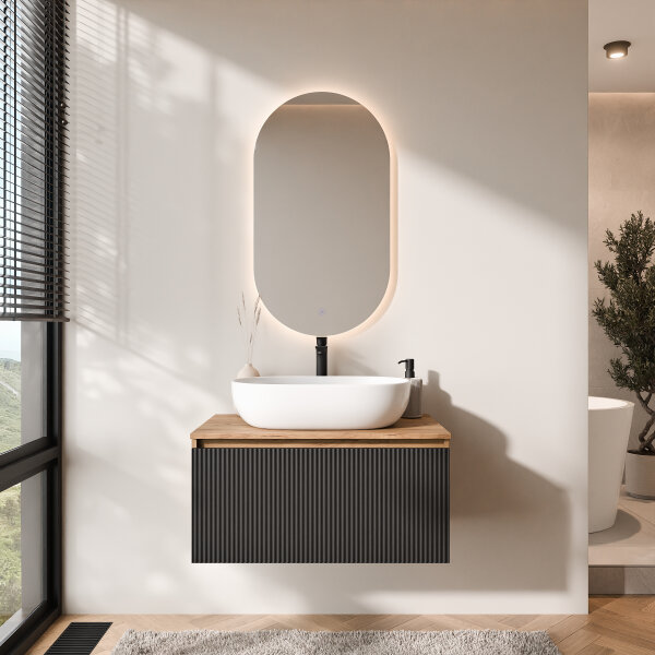 ARISA Badmöbel Set in Schwarz Geriffelt - Mit LED Spiegel und weißem Keramik-Aufsatzwaschbecken 60 cm