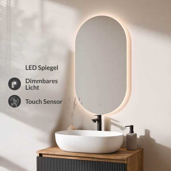 ARISA Badmöbel Set in Schwarz Geriffelt - Mit LED Spiegel und weißem Keramik-Aufsatzwaschbecken 60 cm