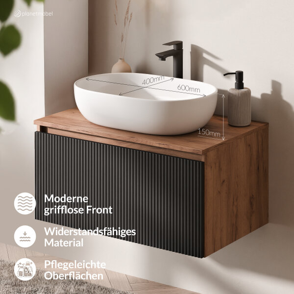 ARISA Badmöbel Set in Schwarz Geriffelt - Mit LED Spiegel und weißem Keramik-Aufsatzwaschbecken 60 cm