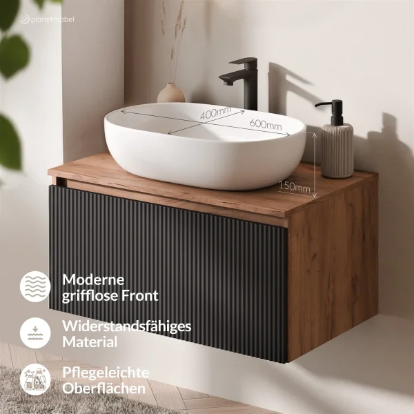ARISA Bathroom Furniture Set in Black Ribbed - With LED Mirror and White Ceramic Countertop Sink (60 cm)