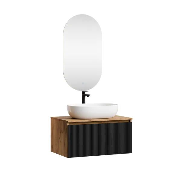 ARISA Bathroom Furniture Set in Black Ribbed - With LED Mirror and White Ceramic Countertop Sink (60 cm)