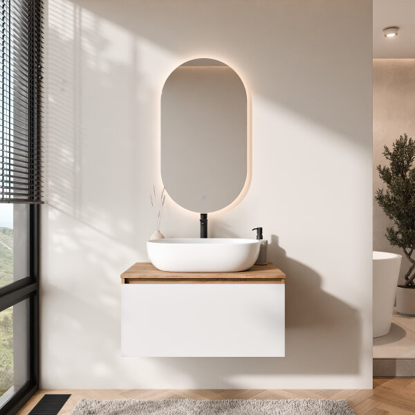 ARISA Badmöbel Set in Weiß - Mit LED Spiegel und schwarzem Keramik-Aufsatzwaschbecken 42 cm