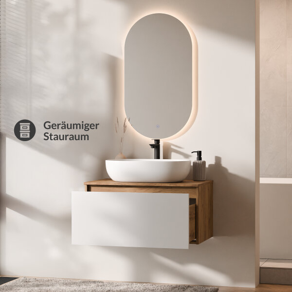 ARISA Badmöbel Set in Weiß - Mit LED Spiegel und schwarzem Keramik-Aufsatzwaschbecken 42 cm