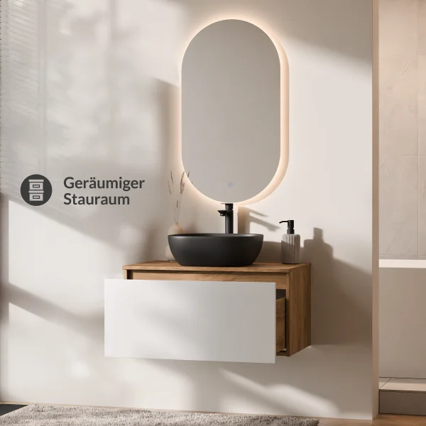 Ensemble de meubles de salle de bains ARISA en blanc - Avec miroir à LED et vasque à poser en céramique noire de 42 cm