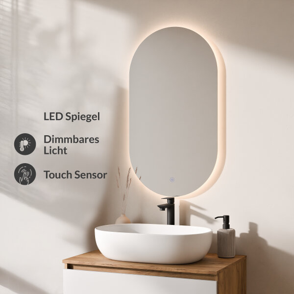 ARISA Badmöbel Set in Weiß - Mit LED Spiegel und schwarzem Keramik-Aufsatzwaschbecken 42 cm