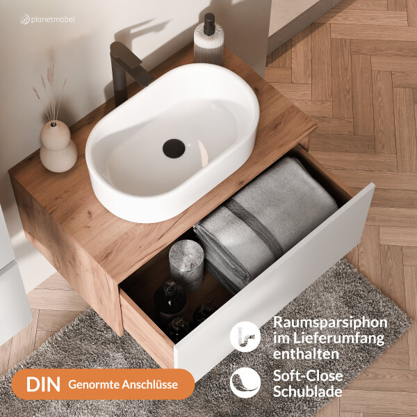 ARISA Badmöbel Set in Weiß - Mit LED Spiegel und schwarzem Keramik-Aufsatzwaschbecken 42 cm