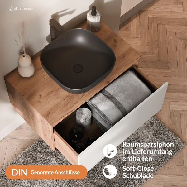 Ensemble de meubles de salle de bains ARISA en blanc - Avec miroir à LED et vasque à poser en céramique noire de 42 cm