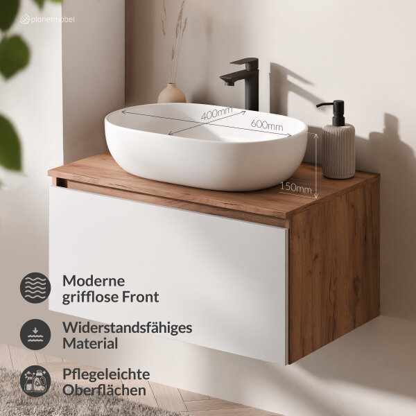 ARISA Badmöbel Set in Weiß - Mit LED Spiegel und schwarzem Keramik-Aufsatzwaschbecken 42 cm