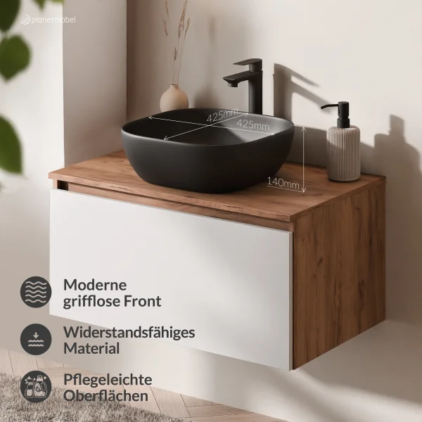Ensemble de meubles de salle de bains ARISA en blanc - Avec miroir à LED et vasque à poser en céramique noire de 42 cm