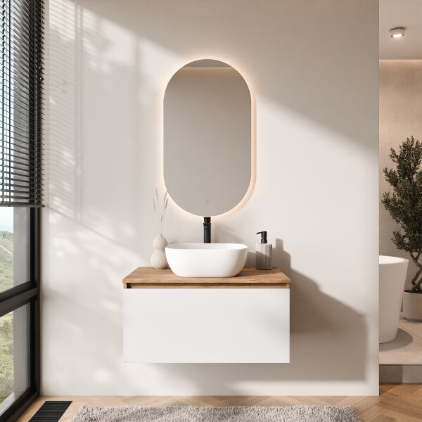 ARISA Badmöbel Set in Weiß - Mit LED Spiegel und weißem Keramik-Aufsatzwaschbecken 42 cm