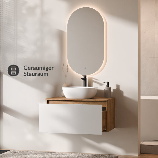 ARISA Badmöbel Set in Weiß - Mit LED Spiegel und weißem Keramik-Aufsatzwaschbecken 42 cm