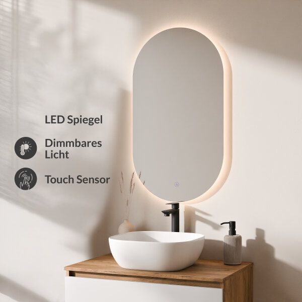 ARISA Badmöbel Set in Weiß - Mit LED Spiegel und weißem Keramik-Aufsatzwaschbecken 42 cm