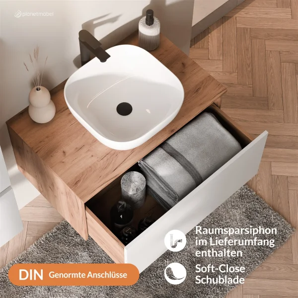 Ensemble de meubles de salle de bains ARISA en blanc - Avec miroir à LED et lavabo à poser en céramique blanche de 42 cm