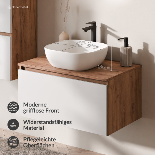 ARISA Badmöbel Set in Weiß - Mit LED Spiegel und weißem Keramik-Aufsatzwaschbecken 42 cm