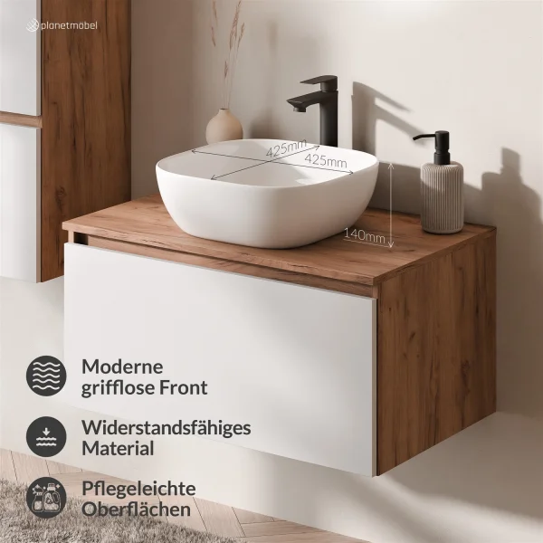 Ensemble de meubles de salle de bains ARISA en blanc - Avec miroir à LED et lavabo à poser en céramique blanche de 42 cm