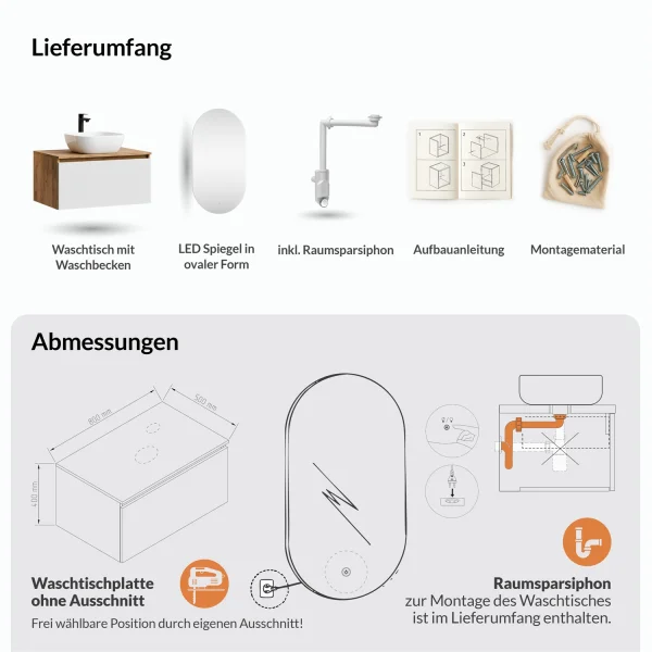 Ensemble de meubles de salle de bains ARISA en blanc - Avec miroir à LED et lavabo à poser en céramique blanche de 42 cm