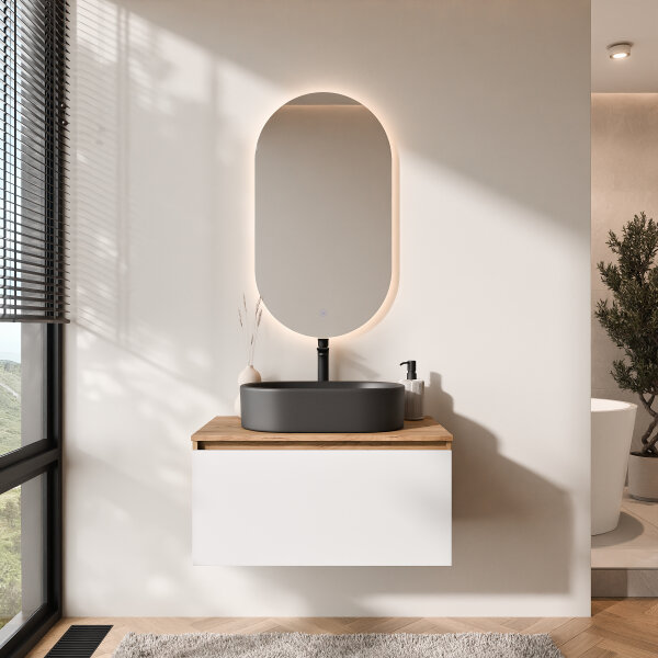 ARISA Badmöbel Set in Weiß - Mit LED Spiegel und schwarzem Keramik-Aufsatzwaschbecken 55 cm