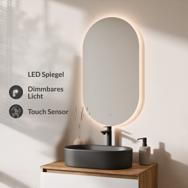 ARISA Badmöbel Set in Weiß - Mit LED Spiegel und schwarzem Keramik-Aufsatzwaschbecken 55 cm