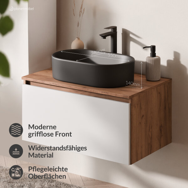 ARISA Badmöbel Set in Weiß - Mit LED Spiegel und schwarzem Keramik-Aufsatzwaschbecken 55 cm