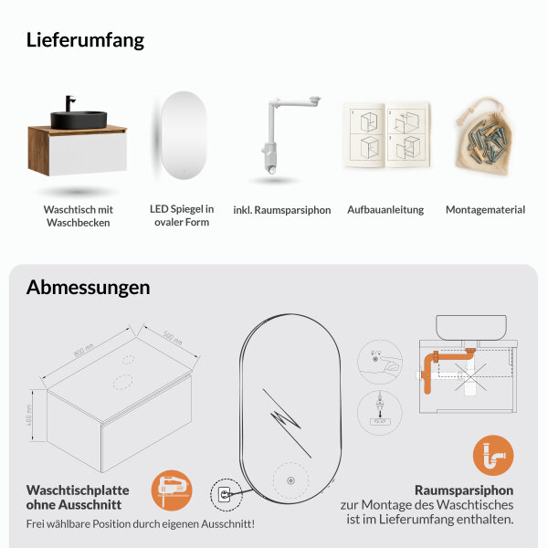 ARISA Badmöbel Set in Weiß - Mit LED Spiegel und schwarzem Keramik-Aufsatzwaschbecken 55 cm