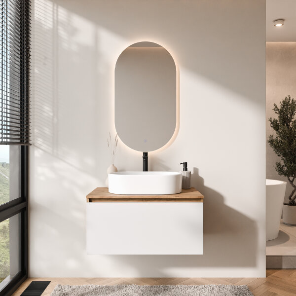 ARISA Badmöbel Set in Weiß - Mit LED Spiegel und weißem Keramik-Aufsatzwaschbecken 55 cm