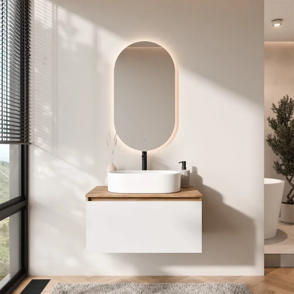 ARISA Badmöbel Set in Weiß - Mit LED Spiegel und weißem Keramik-Aufsatzwaschbecken 55 cm