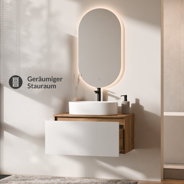 ARISA Badmöbel Set in Weiß - Mit LED Spiegel und weißem Keramik-Aufsatzwaschbecken 55 cm